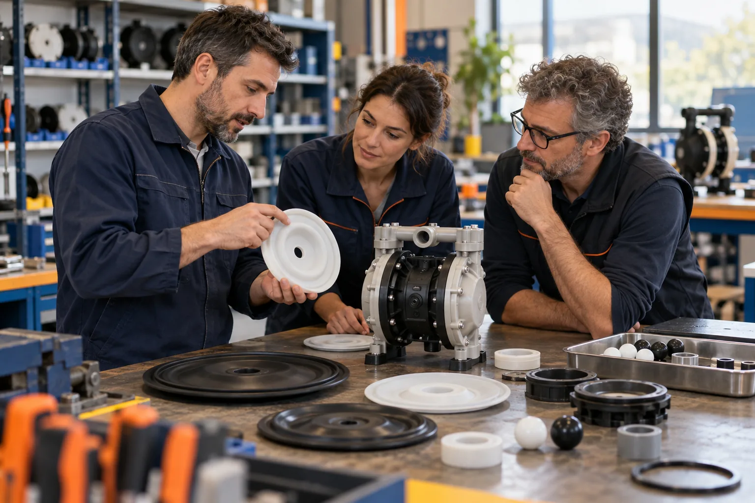 Team tecnico commerciale esamina membrane, sfere e componenti di una pompa industriale