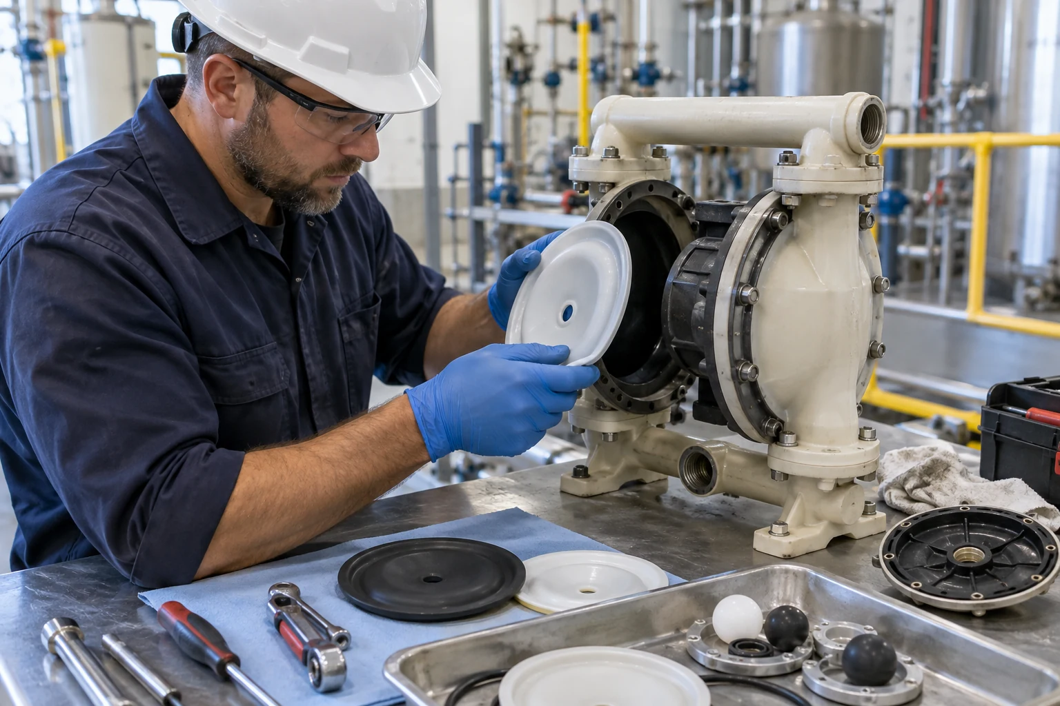 Tecnico sostituisce la membrana di una pompa pneumatica industriale
