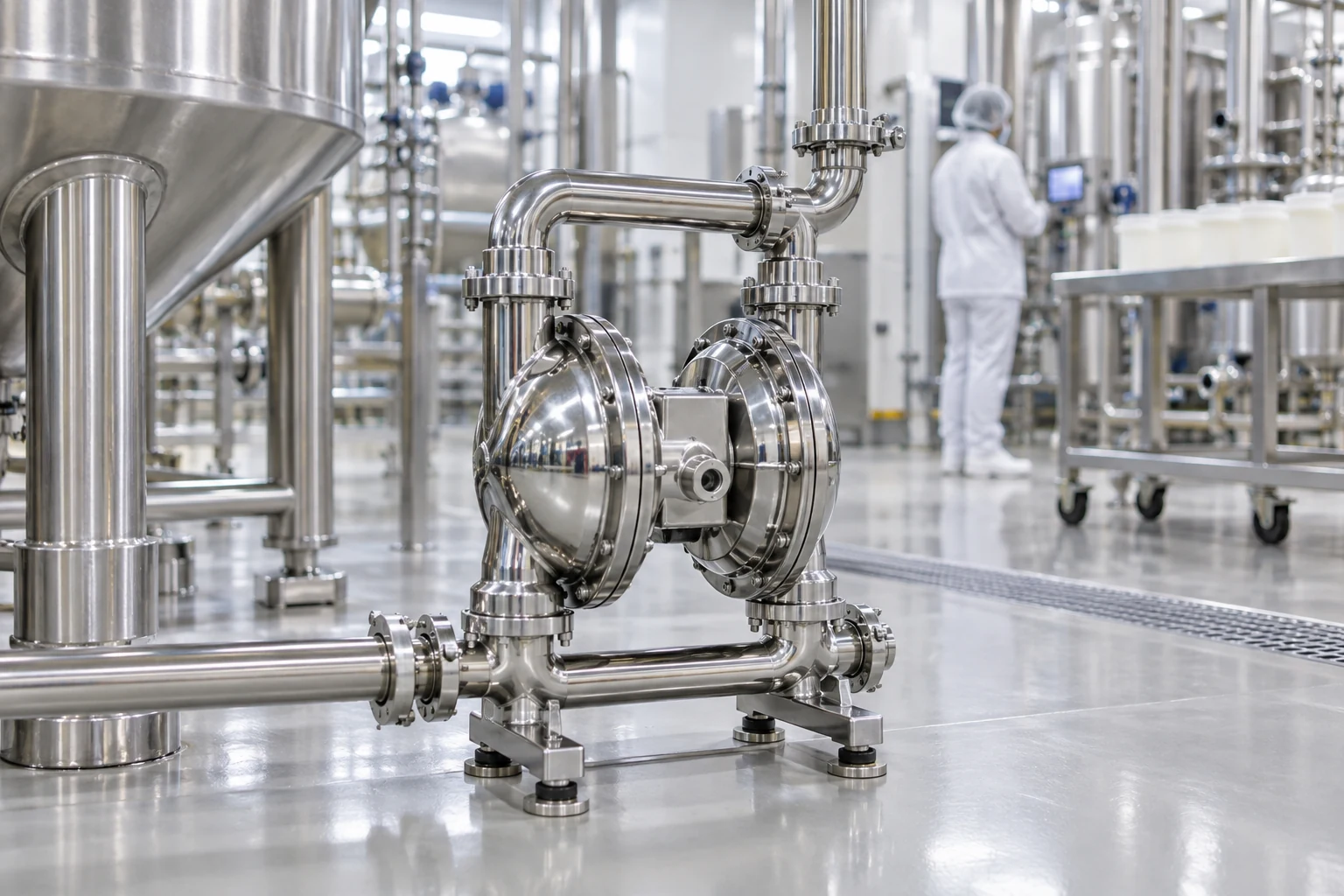 Pompa sanitaria a doppia membrana in acciaio inox in un impianto alimentare